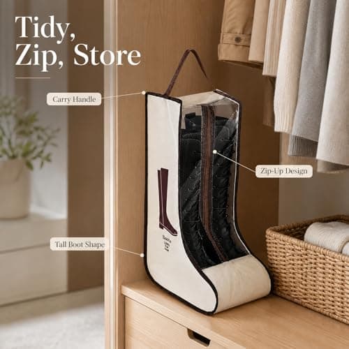 Long Boot Storage Bag, Cream, Clear Viewing Panel, Zip Opening, 1 Pair | Tall Enclosed Format, Bound Edges, Top Carry Handle, for Organising Footwear in Wardrobes and Carrying During Travel — view 4