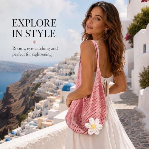GEEKPC Woven Mesh Beach Tote - Women's Summer Holiday Shoulder Handbag with Daisy Applique, Lightweight Foldable Spacious Boho Accessory for Travel, Shopping, Beach Outings, and Daily Use (Pink) — view 4
