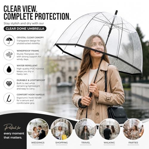 Unirobe Clear Umbrella Dome Transparent Stick Umbrella Windproof Full Coverage Clear Canopy Rain Umbrella for Women Men Wedding Parasol Durable Lightweight — view 2