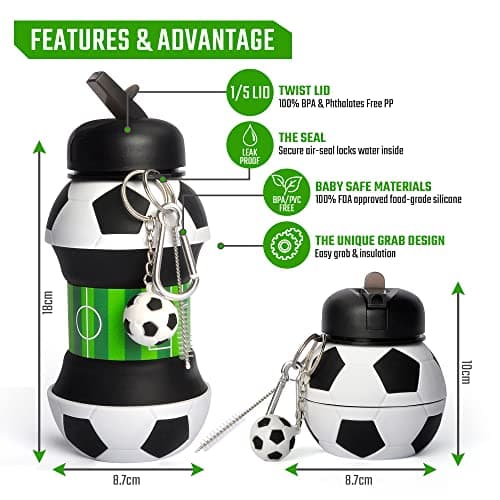 RIXOZ Football Water Bottle With World Cup Trophy Keychain - 550ml Silicone Collapsible Football Water Bottle — view 3