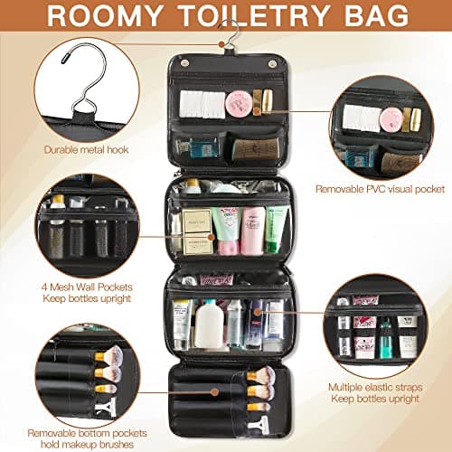 Elviros Hanging Toiletry Bag for Men, 3-in-1 PU Leather, Black — view 5