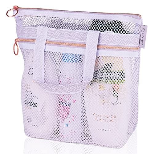 DV Lifestyle Mesh Shower Bag 25 x 26cm Caddy with Zipper & 2 Pockets. Quick-Dry Portable Toiletry Tote for Bathroom, Gym, Travel, Camp, Beach, for Sunscreen, Dorm & College Essentials (Light Gray)