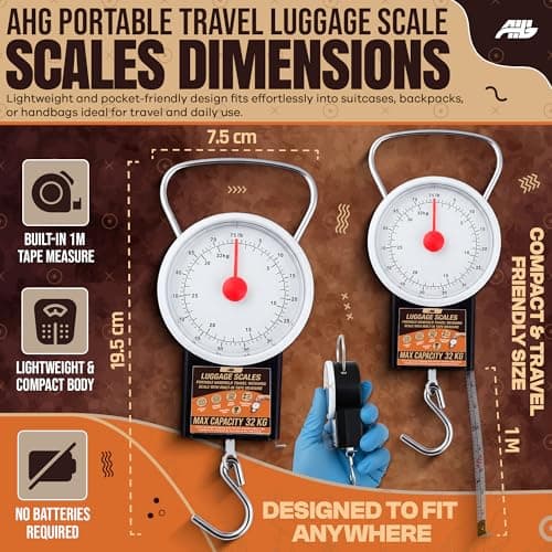 AHG Pack of 2 Portable Luggage Scales 32kg/75lb – Compact Handheld Travel Weighing Scales with Built-In Tape Measure – Lightweight Suitcase Weight Checker for Flights, Travel Bags & Parcels — view 3