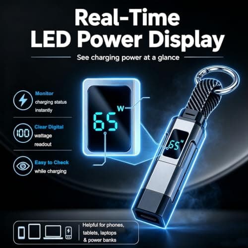 Aimisite 4 in 1 USB C Keychain Charger Cable, 65W Fast Charging Short Braided Data Cord with LED Display USB C/USB A to Lightning & Type-C for Phone Tablet Laptop — view 3