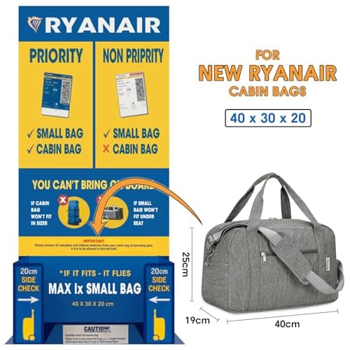 for Ryanair Cabin Bags 40x30x20 Underseat New Ryanair Travel Duffel Hospital Bag Ryan Air Carry on Luggage Holdall Overnight Weekend Bags for Women and Men 20L (Grey) — view 3