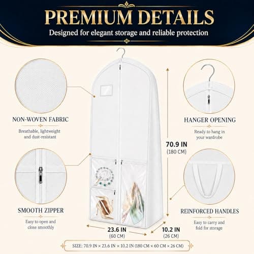 Wedding Dress Bag Covers, URMI Heavy Duty 180 x 60 x 26cm Bridal Gown Cover with 3 Clear PVC Pockets, Long Garment Bag with Handles for Wedding Gown, Evening Dress, Prom Dress, Travel Storage, 1 Pack — view 2