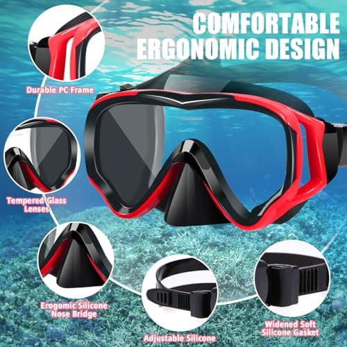 HIKOTEY Snorkel Mask for Kids(4-16 Years),180°Panoramic View Diving Mask With Tempered Glass Lenses,Anti-fog, Anti-leak Technology,Adjustable Silicone Strap,Includes Earplugs and Nose Clip (Red+Black) — view 4