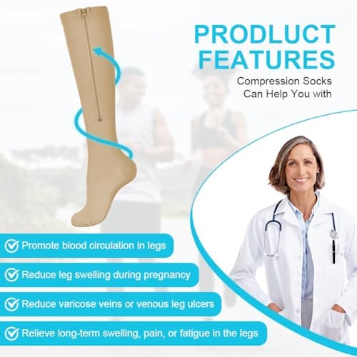 Fefod Compression Socks for Women Men, 2 Pairs Graduated Stockings Support with Zipper, 15-20 mmHg Closed Toe Support Socks for Varicose Veins, Edema, Sports, Flying, Nurses, Travel, Running, 2XL — view 4