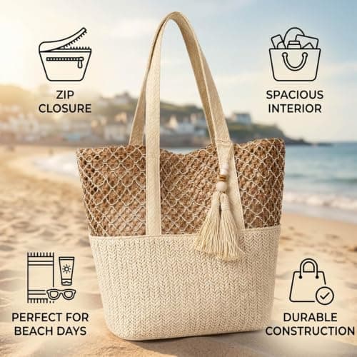 QhgPnt Straw Woven Beach Shoulder Bags, Straw Beach Bag with Zip Closure, Summer Bags for Foldable Women, Straw Bags for Travel Vacation Shopping Picnic, Straw Bags Summer Bag for Outdoor Use — view 5