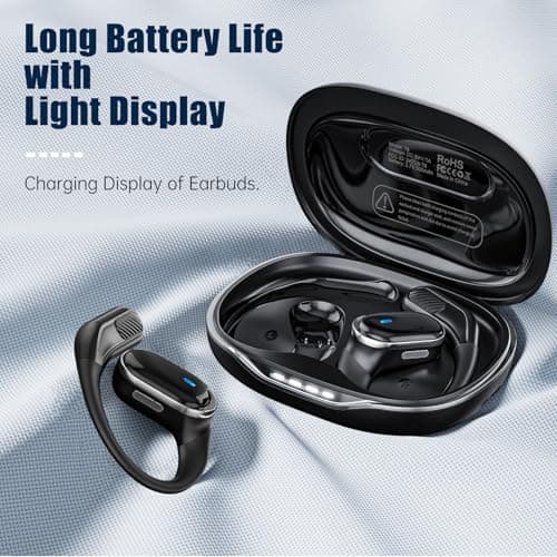 TRAUSI Open Ear Wireless Earbuds Bluetooth Headphones, IPX7 Waterproof Stereo Earphones with Noise Cancelling Mic, Open Ear Buds with Ergonomic Ear Hook for Fitness/Sports/Travel Black — view 3