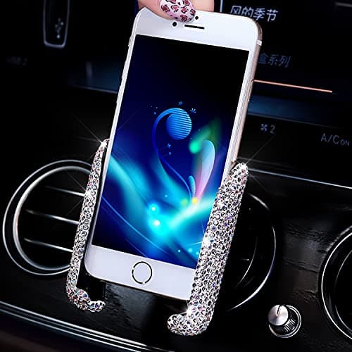 YoMaris Bling Mini Dash Air Vent Automatic Phone Holder, Universal 360° Adjustable Crystal Auto Stand, Car Accessories for Women and Girls (White)