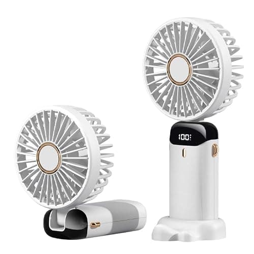 Rainberg Rechargeable Hand held Fan with LED Display, 5-Speed Settings, 5000mAh Battery, 90-Degree Adjustable, Desk Fan, Hand Fan, Portable fan, Quiet Cooling, Compact Design, USB Charging (White)