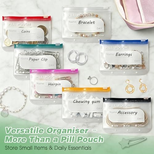 Waterproof Pill Organiser Pouch Set for Travel, 14 Removable Colour-Coded Bags Easy to Label & Refill, Storage Organizer for Medication Vitamins Fish Oils (Pink) — view 5