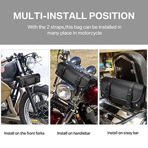 Wiipara Motorcycle Saddle Bag - Handmade PU Leather Handlebar Tool Bag, Round Barrel Shape Waterproof Roll Pouch With Straps for Scooter Front or Side (Large) — view 5