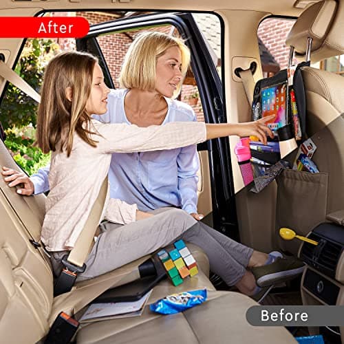 Helteko Backseat Car Organizer, Kick Mats Back Seat Protector with Touch Screen Tablet Holder, Back Seat Organizer for Kids, Travel Accessories with 9 Storage Pockets 2 Pack, Black — view 3