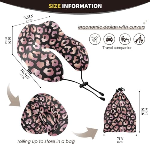 ALAZA Rose Gold Leopard Print Pink Cheetah Animal Neck Pillow Travel for Sleeping Airplane Travel Kit with Snap Clip & Storage Bag — view 3