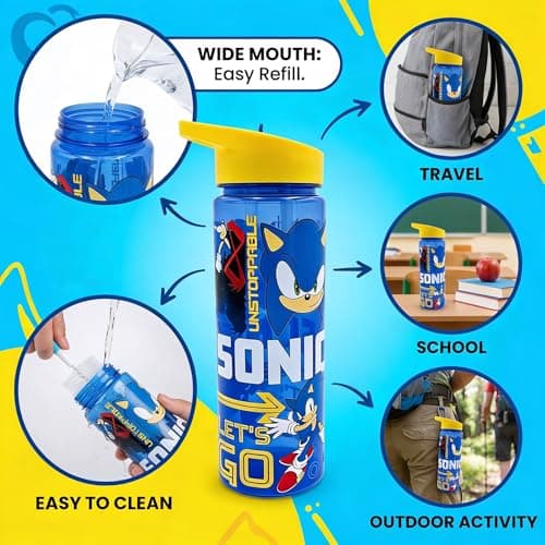 Sonic The Hedgehog 600ml Kids Water Bottle with Flip Spout & Straw – BPA Free Leak Proof Sports Drinks Bottle with Carry Loop – SEGA Official Sonic ‘Unstoppable’ Design, Blue — view 4