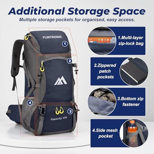 flintronic 50L Backpack, Ultra Lightweight Large Capacity Hiking Backpack, Waterproof Foldable Rucksack for Men Women Hiking Travelling Camping Outdoor Sports (Blue) — view 6