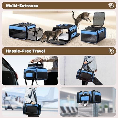 Top and 2 Sides Expandable Cat Carrier 18x13.5x9.5, TSA Airline Approved Dog Carriers for Small Dogs, Soft-Sided Pet Carrier with Self-Locking Zippers for Kitten,Rabbit, Puppy, Guinea Pig Blue — view 6