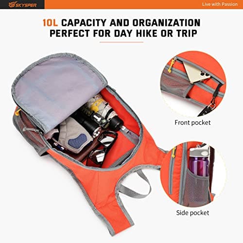 SKYSPER Small Daypack 10L Hiking Backpack Packable Lightweight Travel Compact Foldable Rucksack for Women Men(Orange) — view 3