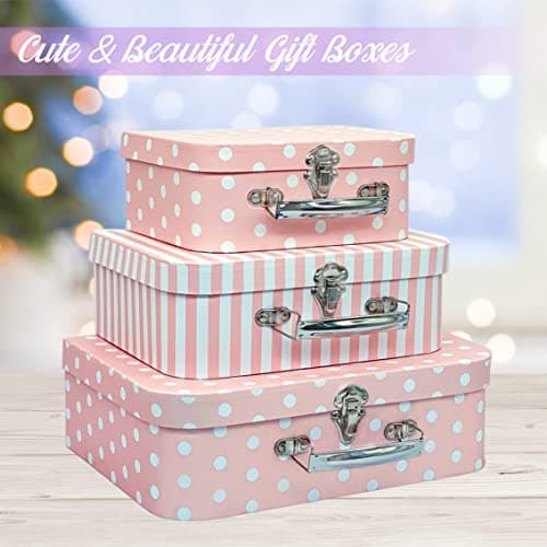Amedoo Paperboard Suitcases, Decorative Storage Boxes with Lids, Set of 3 Nesting Gift Boxes Pink Storage Box, Christmas, Nursery and New Year Gift Decoration (Pink Dots and Strips) — view 2
