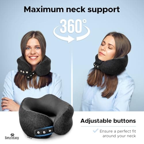 SnoozEasy™ Travel Pillow for Adults | High-Density Memory Foam Neck Pillow for Airplane | Adjustable Flight Travel Cushion with Eye Mask, Ear Plugs, Carry Bag & Carabiner Clip | UK Brand — view 5