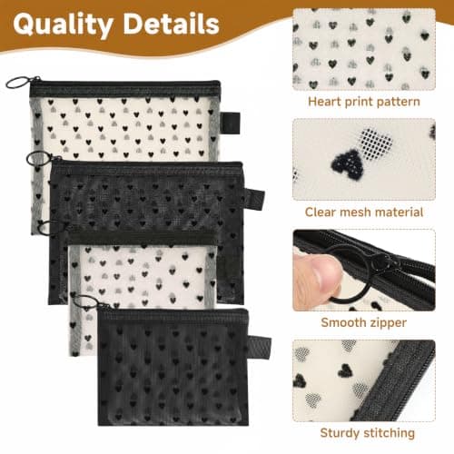 4 Pcs Small Make Up Bag for Handbag, Heart Print Mesh Travel Pouches with Zipper, 2 Sizes Clear Cosmetic Organizer Pouches in 2 Colors for Home, Toiletries & Daily Use — view 3