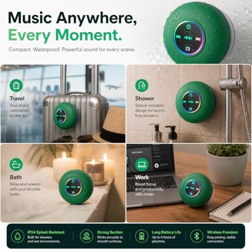 Bluetooth Shower Speaker with LED, Portable Wireless Mini Speaker (Green) — view 3