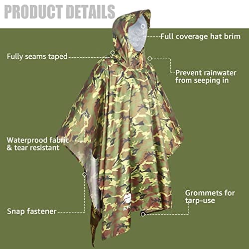 ANYOO Waterproof Rain Poncho Lightweight Reusable Hiking Rain Coat Jacket with Hood for Outdoor Activities,Camo Green,One Size — view 3