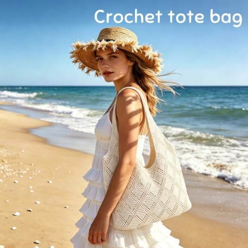 MOFASVIGI Crochet Mesh Tote Bag, Foldable Retro Hollow Beach Tote Bag Women — view 6