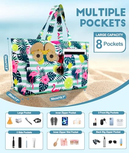 ISEYOU Extra Large Beach Bag, Waterproof Beach Bags with Zip, Lightweight Foldable Beach Tote Bags, Large Capacity Multi-Pocket Beach Bags for Women, Perfect for Pool Shopping Travel Vacation Gym — view 2