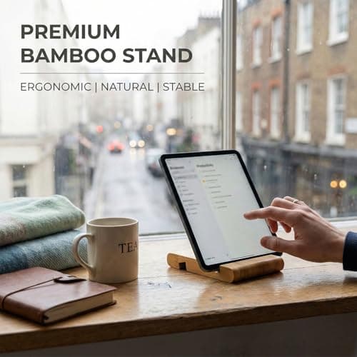 wellrun Portable Bamboo Mobile Phone Stand for Desktop,Double Groove Natural Wooden Tablet Holder,Desk Cell Phone Stand for iPad,All Smartphones — view 5