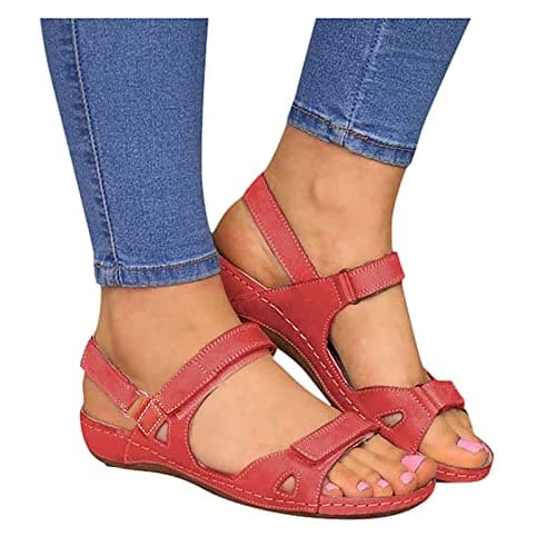 Ladies Sandals Size 5 UK, Sandals for Women Shoes Womens Orthopedic Women's Sandals & Slides Arch Support Summer Slip on Ladies Wedge Wide Fit Walking Platform Beach Sliders Red 5.5 — view 5