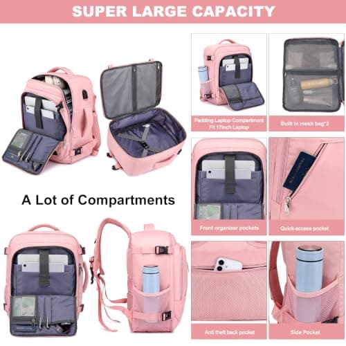 WENIG 40x30x20 Ryanair EasyJet Eurowings Wizz Air Cabin Bag Underseat 24L Travel Bag for Women Hand Luggage Backpack Carry-ons Cabin Size for Airplanes Flight Travel Ruscksack Fit 14 Inch Laptop,Pink — view 4