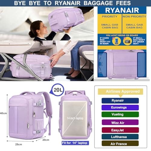 Ryanair Cabin Bag 40x20x25 Underseat 20L Small Travel Bag for Women, Purple — view 2
