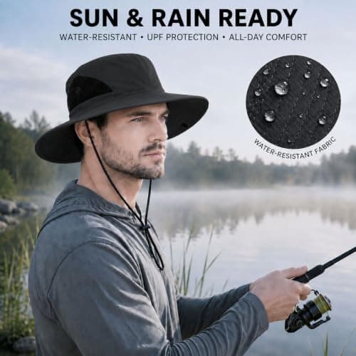 newhsy Wide Brim Sun Hat Mens UPF50 Breathable Mesh Foldable Bucket Safari Hat for Fishing Hiking Travel (Black) — view 3