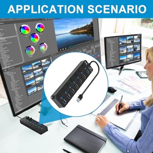 7 Port USB Hub 3.0, Multi USB Port Hub with Individual Power Switches and Led Indicators, High-Speed Multi Usb Port Splitter Adapter for PC, Laptop, Flash Drive, Keyboard, Mouse, Mobile, Usb Extender — view 5