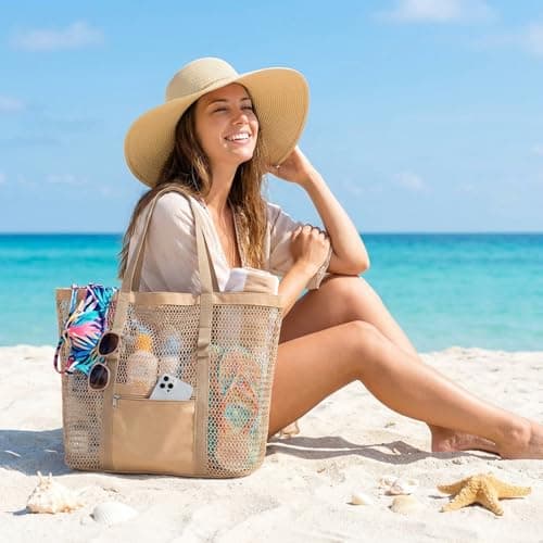 Dntorx Women's Mesh Beach Bag, Lightweight Khaki Beach Tote for Travel — view 2