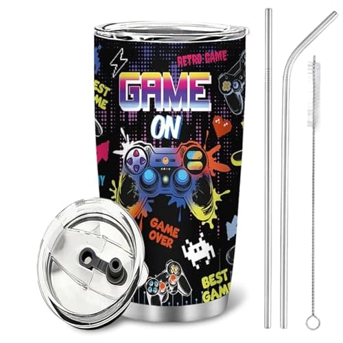 Boys Gamer Travel Mug 20oz, Insulated Stainless Steel Cup with Straw & Lid