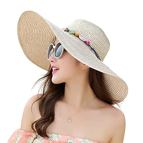 Women Foldable Floppy Wide Brim Straw Sun Hat Travel Packable, Summer Sun Hat Sunscreen Seaside Wild Beach Hat Travel Accessories Hat UV UPF 50+ (Beige)