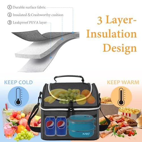 Kato Tirrinia Insulated Lunch Bag for Men Work, Picnic Cooler Bag, 10L Large Dual Compartment Food Bag with Shoulder Strap and Front Pocket Camping Beach Travel Black — view 5
