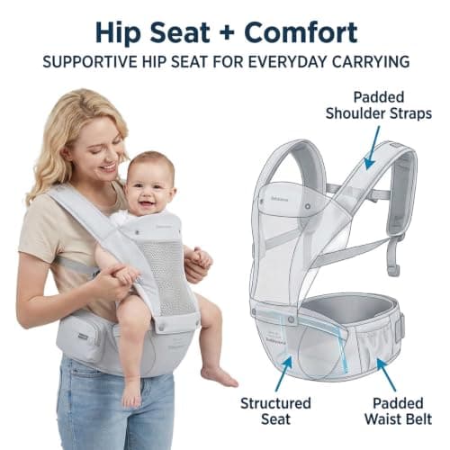 Bebamour Baby Carrier with Hip Seat, 6 Carrying Positions, Newborn to Toddler Baby Carrier 0-36 Months, Adjustable Waist & Padded Shoulder Straps, Head Hood, Pacifier Case & Teething Pads (Grey) — view 4