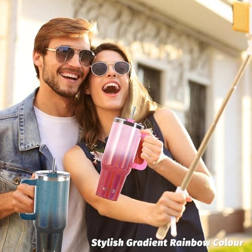 WATERSY Travel Mug Coffee Cup 40oz Tumbler Straw Lid and Handle, Stainless Steel Double Wall Vacuum Insulated Coffee Water Bottle Thermal for Cold Hot Coffee 1182ml Shiny Red — view 3