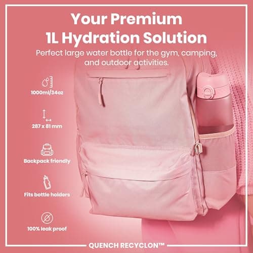 ION8 1 Litre Water Bottle, Leak Proof, Flip Lid, Carry Handle, Rapid Hydration, Dishwasher Safe, BPA Free, Contoured Grip, Ideal for Travel, Gym & Activity, Carbon Neutral Recyclon, 32 oz, Rose Pink — view 2