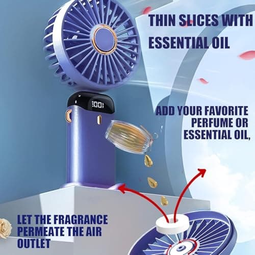 Jsdoin Hand Held Fan,Portable Handheld USB Rechargeable Fans with 5 Speeds,Battery Operated Mini Fan Foldable Desk Desktop Fans with LED Display for Home Office Bedroom Outdoor Travel (WathetBlue) — view 5