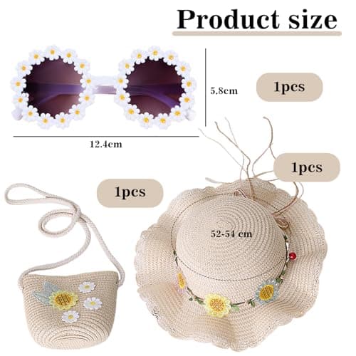 Nievajio 3 Pieces Girls Sun Hat and Straw Knitting Bag, Kids Sun Protection Set, Summer Sun Hat with Flower Decoration for Tourism, Holiday, Travel, Beach, Outdoor Activities — view 2