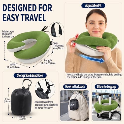 BUYUE Travel Neck Pillows for Airplanes, 360° Head Support Sleep for Long Flight, Skin-Friendly & Breathable, Kit with 3D Contoured Eye Mask, Earplugs and Storage Bag (Large, Green, 90+ lbs) — view 5