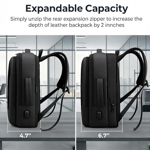 FaVen Laptop Backpack, 15.6 Inch Waterproof Laptop Rucksack with USB Charging Port, Expandable Travel Backpack with Laptop Compartment, Mens Leather Laptop Bag for Work, Business, Travel, Black — view 5