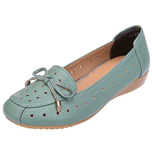 Jamron Women Genuine Leather Comfort Shoes Soft Sole Ballerinas Low Wedge Heel Slippers Hollowed Out Turquoise SN020628-2 UK6