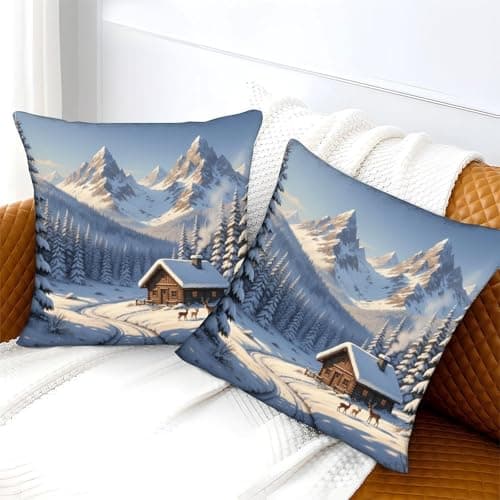 Snowy Cabin Organic Cotton Winter Mountain LandscapePillow Slip Set of 2 Kids Toddler Hypoallergenic Double Bed UK Standard Size Eco-friendly No Pilling No Fade 40x40cm — view 3